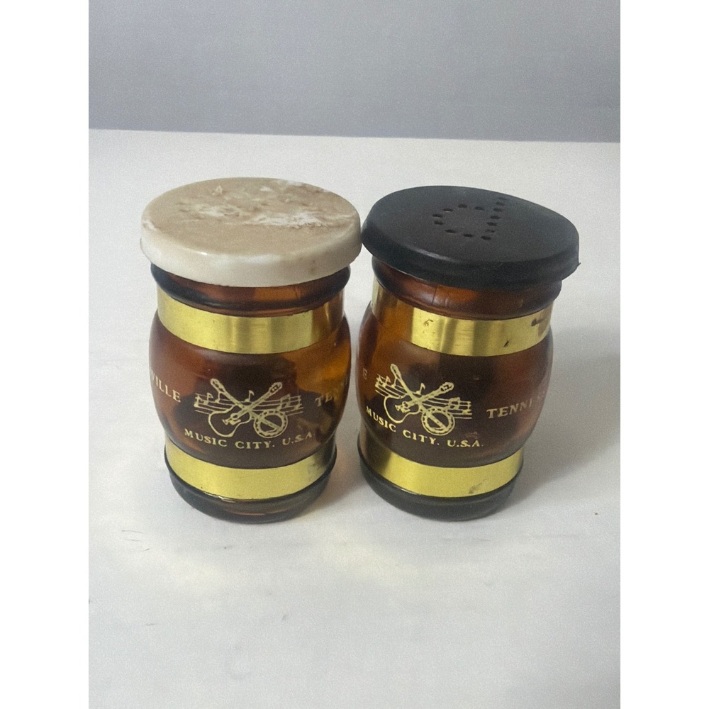 Vintage Nashville Music City USA Amber Glass Barrel Salt and Pepper Shakers Set